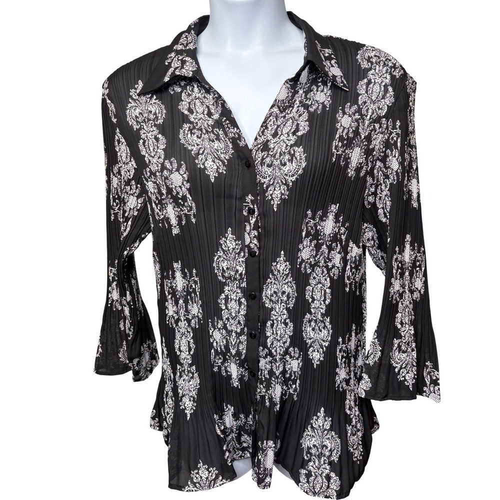 SUNNY LEIGH Women Black Damask Plisse Blouse 3X Pleated Romantic Feminine Office